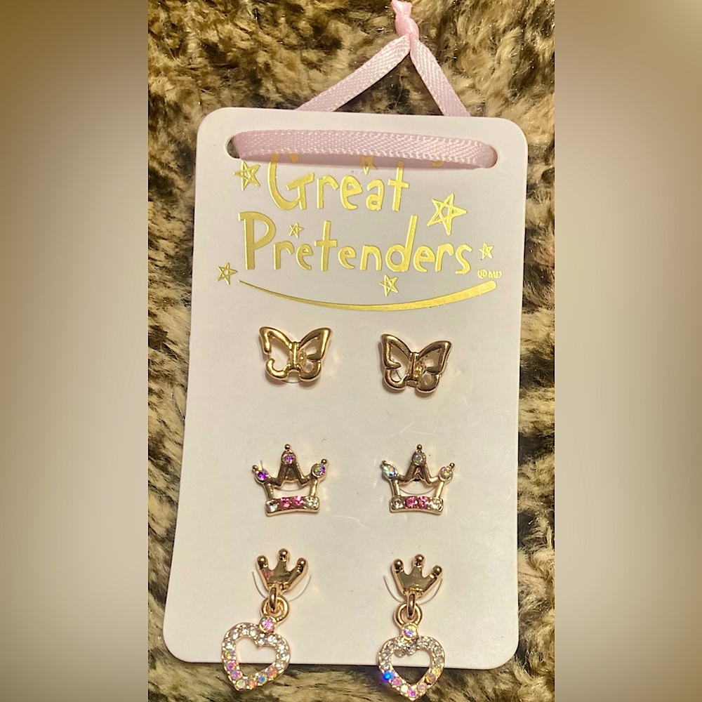 Girls Royal Crown, Butterfly and Heart Studded Earrings Set